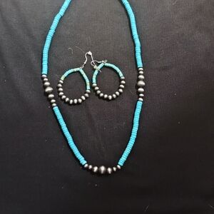 Turquoise and Silver Beaded Necklace and Earring Set